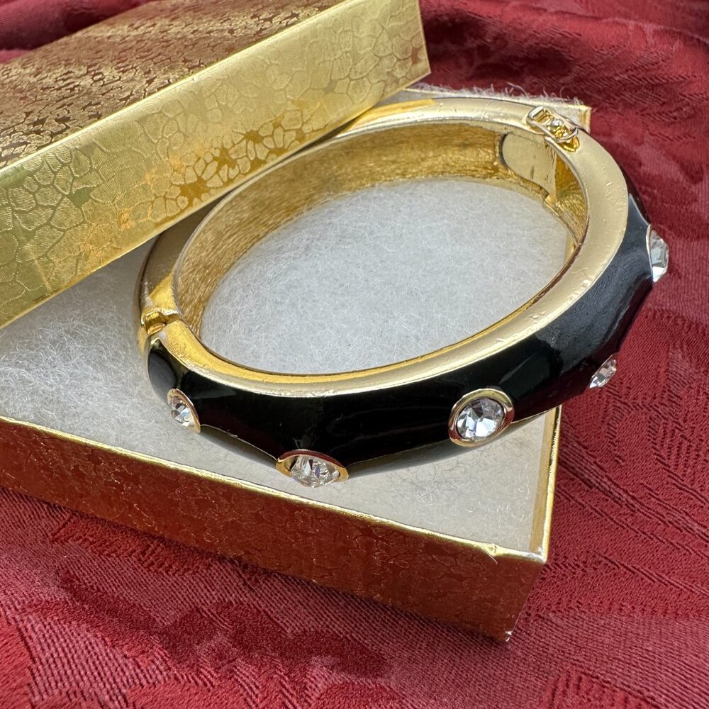 RARE VTG Christian Dior Black Enamel Rhinestone Hinged Bracelet - Picture 14 of 14
